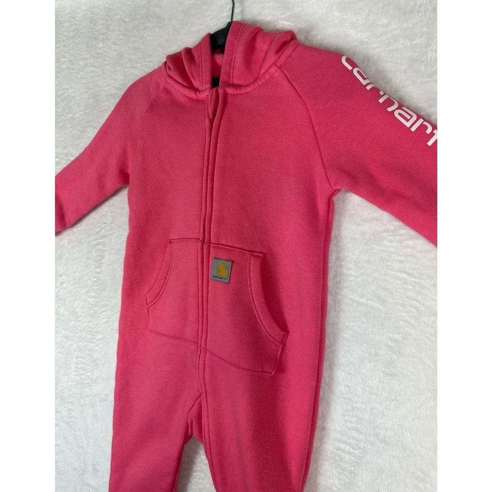 Carhartt Hooded Fleece Coverall Baby Girl 6M Pink Logo Sleeve Zipped Jumpsuit